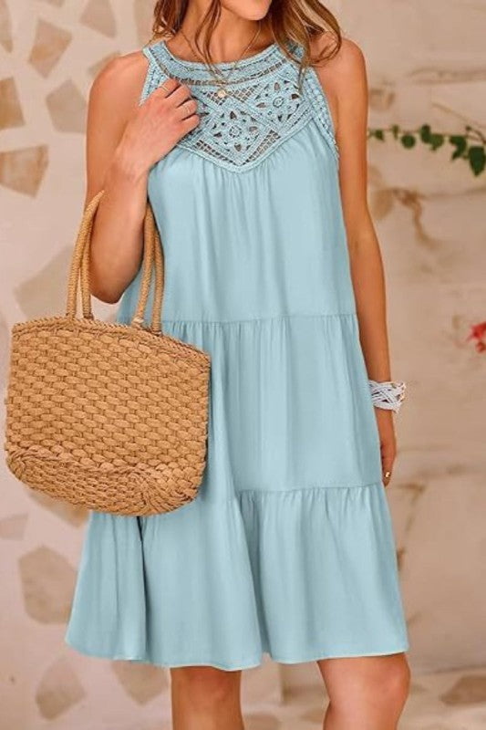 Dusty Teal Lace Trim Dress