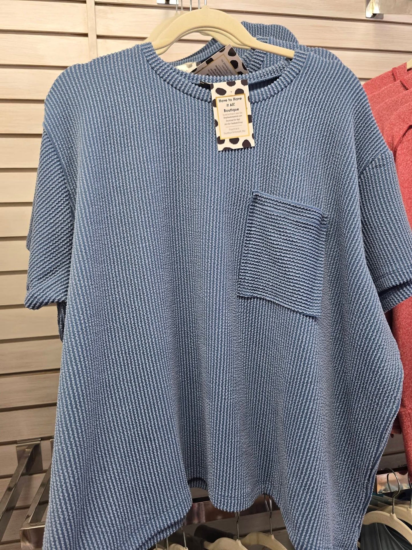 Dusty Blue Ribbed Pocket Top